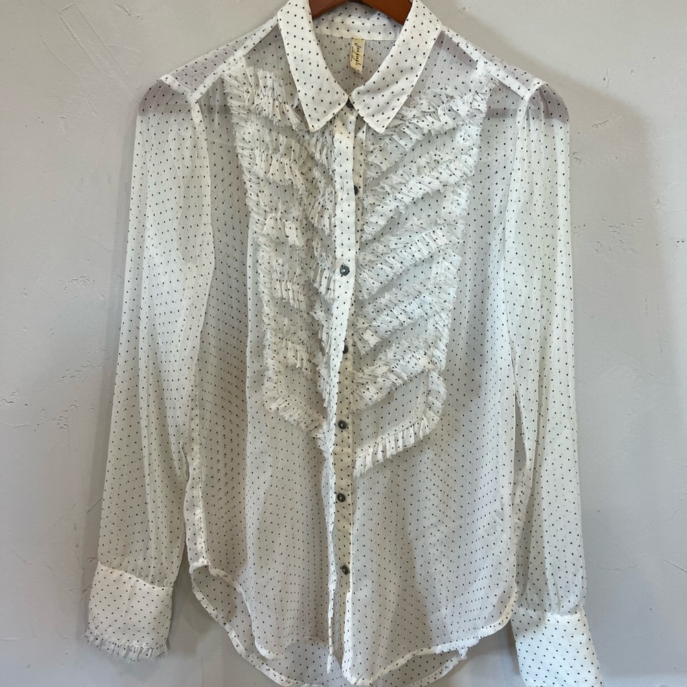 Free People Sheer White Polka Dot Ruffle Front Blouse